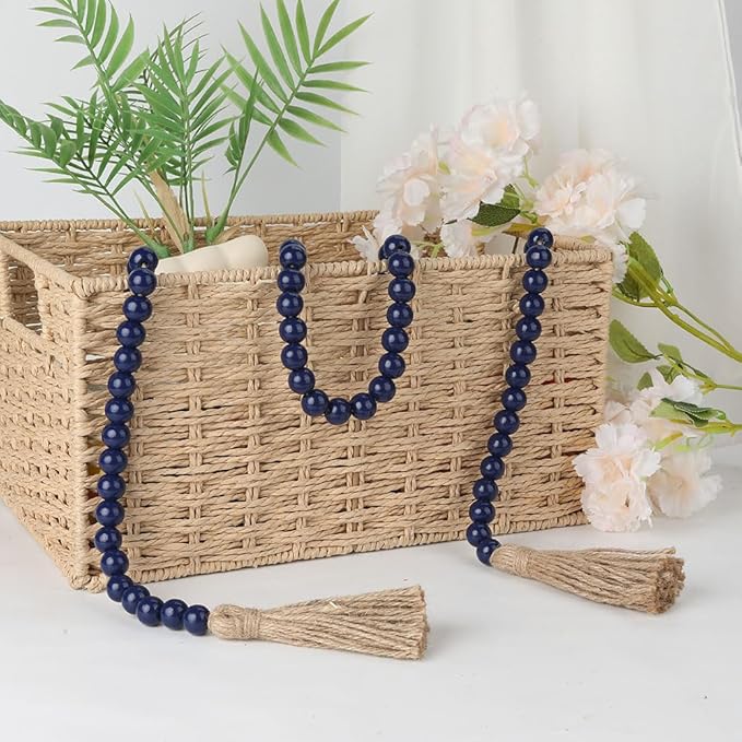 Wood Bead Garland 58 Inch Blue Wooden Beads for Boho Farmhouse Table Home Decor with Tassel, Wooden Prayer Bead, Rustic Country Boho Wall Hanging Decor for Kitchen Modern Living Room Tray Vase Shelf