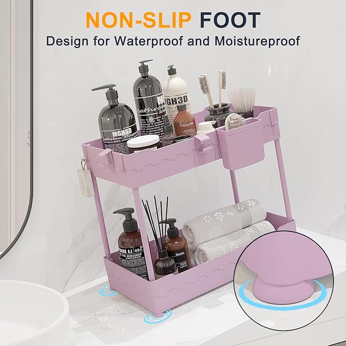2 Pack Under Sink Organizer, Under Bathroom Cabinet Organizer with Hooks Hanging Cup, Multi-Purpose Storage Shelf for Kitchen Bathroom (Pink, 14.8 Inch)