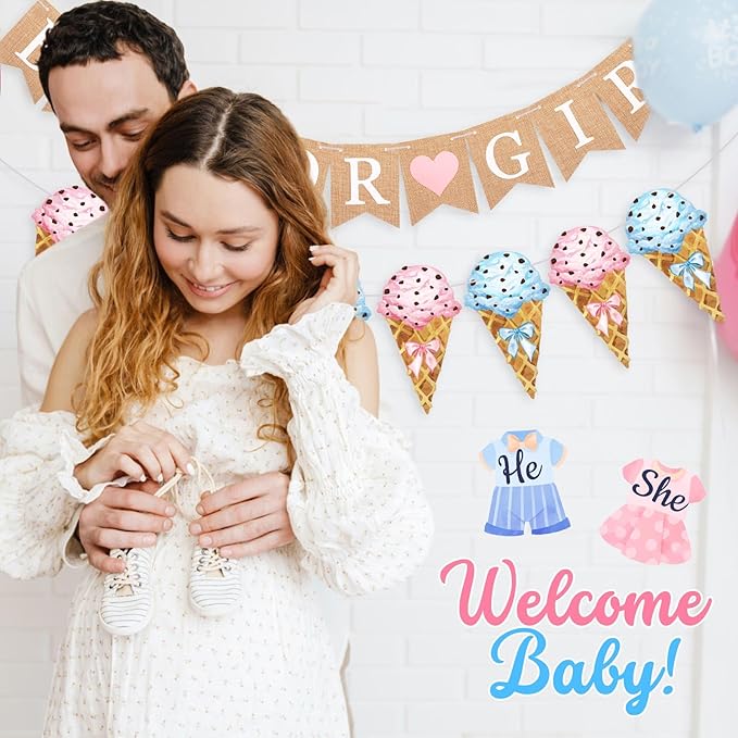 2 Pcs Gender Reveal Party Decorations Pre-strung Boy or Girl Burlap Baby Shower Banner and Ice Cream Cone Banner for Gender Reveal Birthday Baby Shower Party Decorations