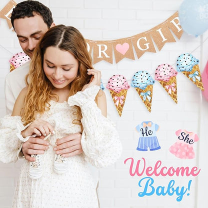 2 Pcs Gender Reveal Party Decorations Pre-strung Boy or Girl Burlap Baby Shower Banner and Ice Cream Cone Banner for Gender Reveal Birthday Baby Shower Party Decorations