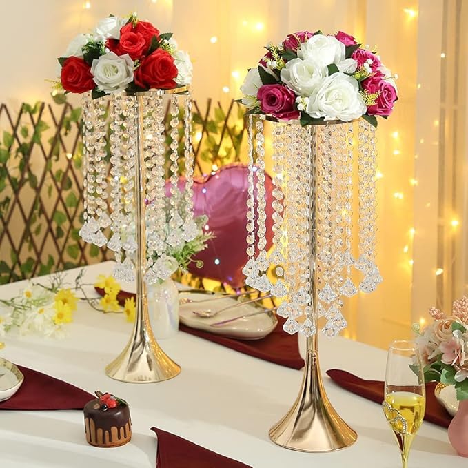 Set of 10pcs Crystal Flower Stand Gold Centerpieces Tall Metal Flower Arrangement Vase for Wedding Party Dinner Event Hotel Home Decor