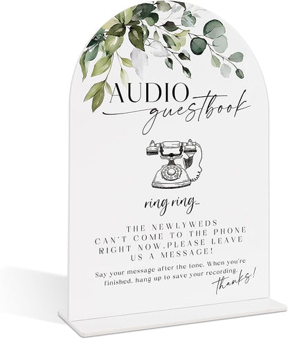Wedding Signs for Reception, Green Leaves Audio Guestbook Sign, Wedding Reception Signage, Bridal Shower Table Decorations with Base, Supplies for Proposal, Bridal Shower Events and Ceremony, 12