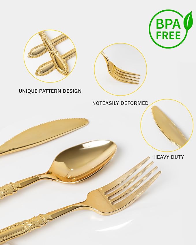 Nervure 90PCS Gold Plastic Silverware - Heavy Duty Disposable Cutlery Set, Luxury Gold Plastic Utensils include 30Pcs Forks, 30Pcs Spoons, 30pcs Knives. Perfect for Wedding,Party,Daily Use