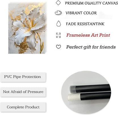 3Pcs Abstract Golden White Flower Wall Art Boho Gold Foil Blossom Canvas Oil Painting 2D Plane Textured Floral Wall Decor Nordic lily Posters Prints for Living Room Bedroom Office Pictures Unframed