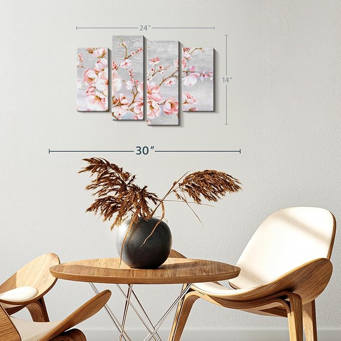 Elephant Stock Spring Cherry Blossoms Wall Art - Horizontal Canvas - 4-Piece Living Room Wall Decor - Painting Floral and Botanical Canvas Print - Pink and Brown Decor for Wall by Eva Watts - 24" X 14"