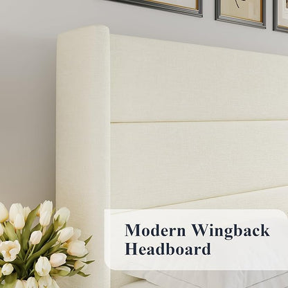 Allewie Queen Size Lift Up Storage Bed, Chenille Fabric Upholstered, Modern Wingback Headboard, Hydraulic Support, No Box Spring Needed, Cream White