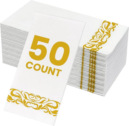 50 Pack Napkins Disposable Guest Towels Linen-Feel Decorative Napkins Soft and Absorbent Dinner Paper Hand Towels for Bathroom Party Powder Room Hotel Fancy Restaurant (50, Gold Floral)