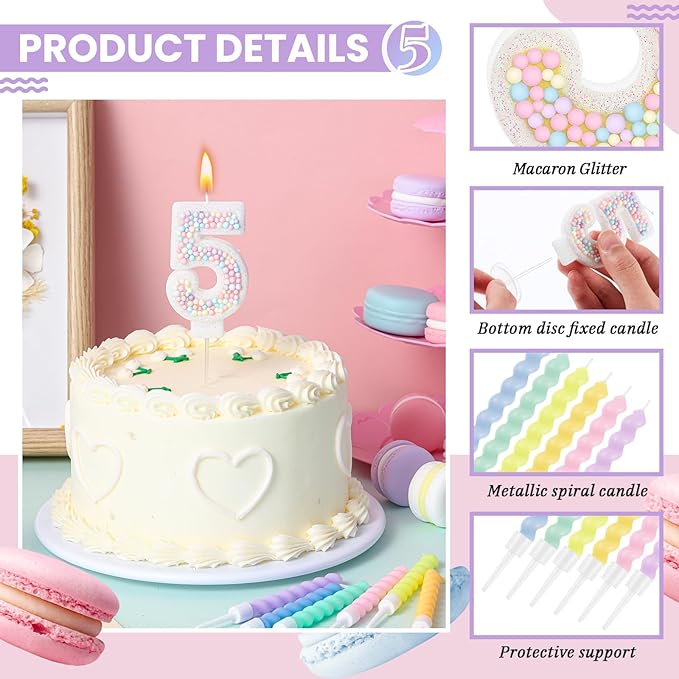 MTLEE Number 5 Birthday Candle with 12 Pcs Spiral Candles for Girls Macaron Pastel Rainbow Unicorn Pink Cake Topper for Sweet Theme Party Decoration