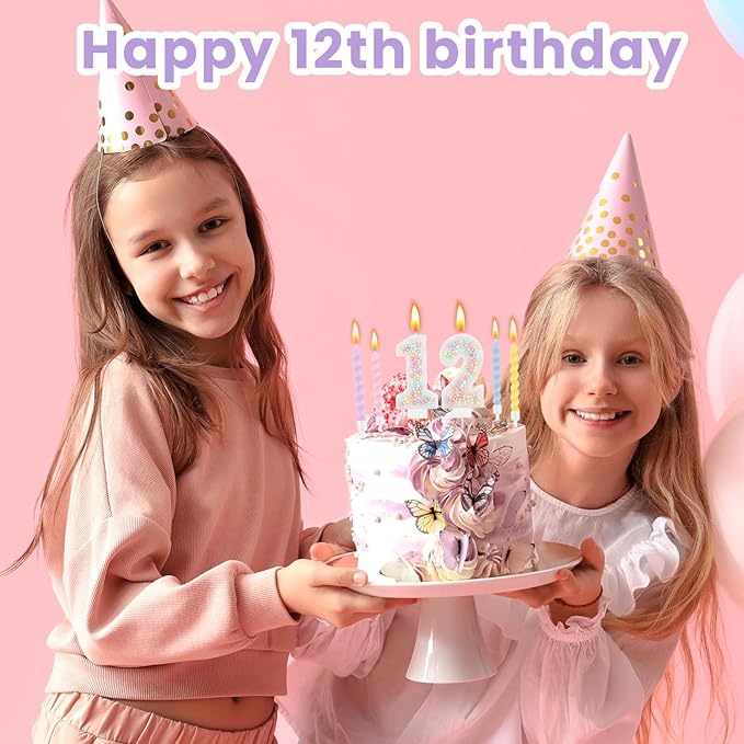 MTLEE Number 12 Birthday Candle with 12 Pcs Spiral Candles for Girls Macaron Pastel Rainbow Unicorn Pink Cake Topper for Sweet Theme Party Decoration