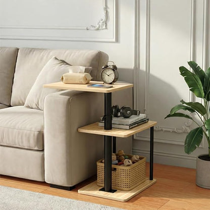 360° Swivel Side Table for Height Adjustable, C Shaped End Table for Couch with Storage, 3-Tier Night Stand with Open Shelf, Tv Tray for Small Spaces, Living Room, Bedroom, Oak