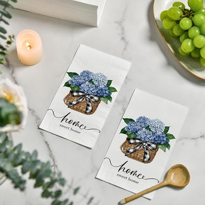 Horaldaily 100 Disposable Paper Decorative Guest Napkins, Blue Hydrangea Bouquet Sweet Home Hand Towel for Party Lunch Dinner Kitchen Bathroom