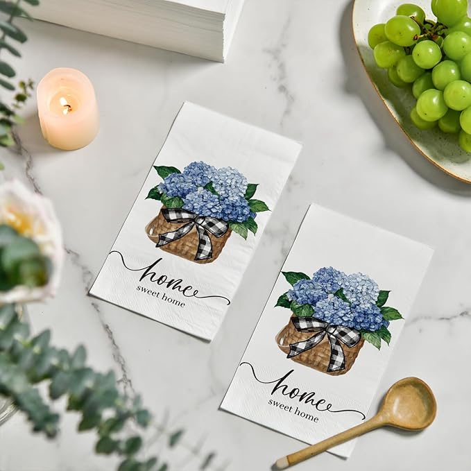 Horaldaily 50 Disposable Paper Decorative Guest Napkins, Blue Hydrangea Bouquet Sweet Home Hand Towel for Party Lunch Dinner Kitchen Bathroom