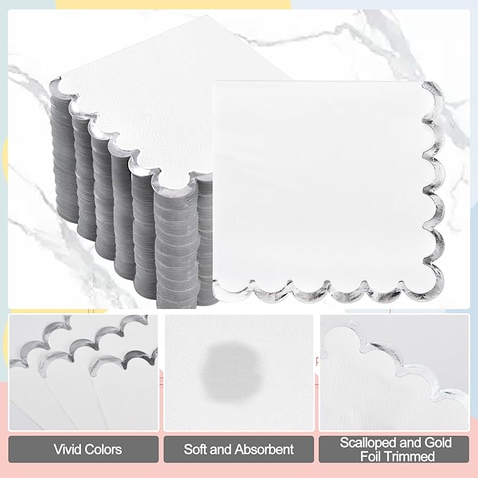 200 Pack White and Silver Paper Napkins Scalloped Cocktail Napkins White Disposable Beverage Napkins for Birthday Baby Shower Wedding Party Supplies Dinnerware Tableware Decorations