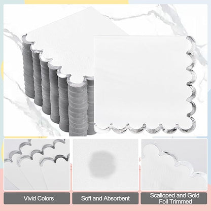 200 Pack White and Silver Paper Napkins Scalloped Cocktail Napkins White Disposable Beverage Napkins for Birthday Baby Shower Wedding Party Supplies Dinnerware Tableware Decorations