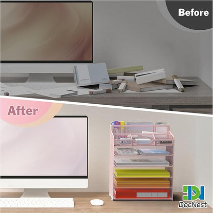Docnest 6 Tier Mesh Desk Organizer for Paper Office Supplies – Multi-Functional Letter Tray with 5 Adjustable Compartments, 9 Pen Holders, Desktop Storage for Files, Mail, Stationery – Pink