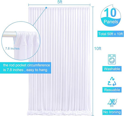 10 Panels White Backdrop Curtain for Parties Wedding Wrinkle Free White Photo Curtains Backdrops Drapes Fabric Decoration for Baby Shower Birthday Party 50ft(W) x 10ft(H)