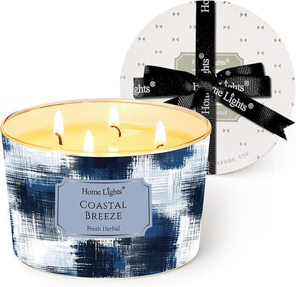 HomeLights Large jar Candle | 4-Wick Long-Lasting Scented Candles, 18oz Natural Soy Wax Candle for Home Scented, Scandinavian Minimalist Design Gifts for Women & Men, Coastal Breeze