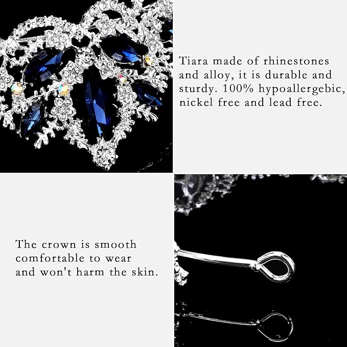 Silver Tiara for Women Sapphire Crown for Girls Wedding Princess Birthday Crystal Rhinestones Headbands for Prom Bridal Party Halloween Costume Christmas Gift