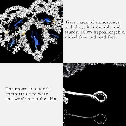 Silver Tiara for Women Sapphire Crown for Girls Wedding Princess Birthday Crystal Rhinestones Headbands for Prom Bridal Party Halloween Costume Christmas Gift