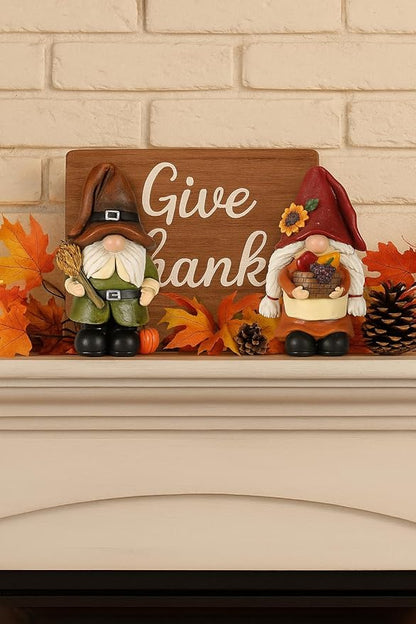 iStatue Thanksgiving Decorations Fall Gnome Figurines – 2 Pack Resin Harvest Figurines with Pumpkins, Wheat & Basket, Autumn Home Décor Accents for Table, Mantel, Shelf (Brown)