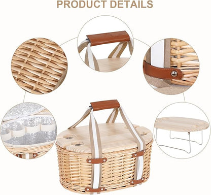 Picnic Basket Set for 4 - Wicker Insulated Picnic Basket with Folding Wine Table, Wine Picnic Kit with Liner for Couples, Camping, Outdoor, Valentine (Cherry)