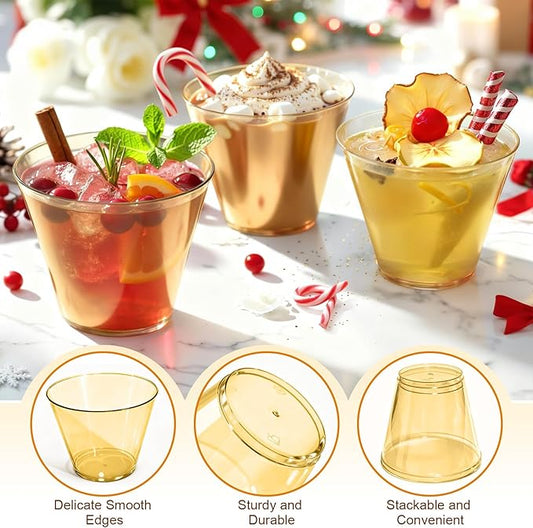 150 Pack Plastic Cups 9 oz Gold Clear Plastic Cups for Cocktail Fancy Disposable Cup for Party Stemless Wine Glasses for Wedding Thanksgiving Christmas Party Graduation