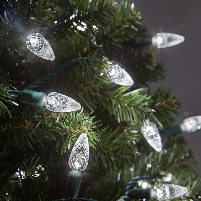 24 ft 70 Count C6 LED Cool White Christmas Lights, Green Wire Indoor/Outdoor Commercial Grade String for Holiday and Tree Lighting