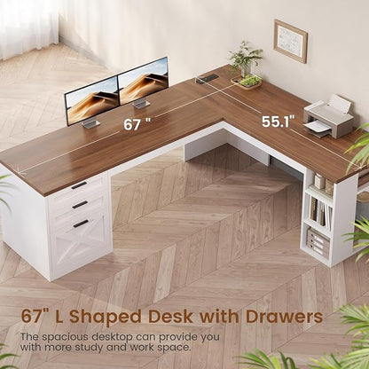 SEDETA Farmhouse 67" L Shaped Desk with 3 Drawers, White Corner Computer Desk with Storage Shelves, Home Office Desks with Power Outlets，Executive Desk for Home Office, White and Brown