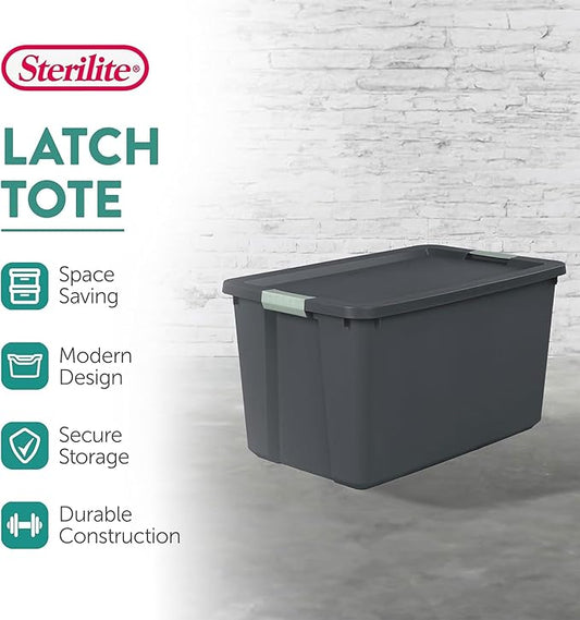 Sterilite 4 Pack 34 Gallon Latch Tote, Stackable Plastic Storage Bin Container, Gray/Green
