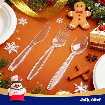 JOLLY CHEF 360 Count Heavy Duty Clear Plastic Silverware-180 Forks, 120 Spoons, 60 Knives, Heat Resistant Disposable Utensils Set, Clear Plastic Cutlery Set for Parties, Events, Everyday Use