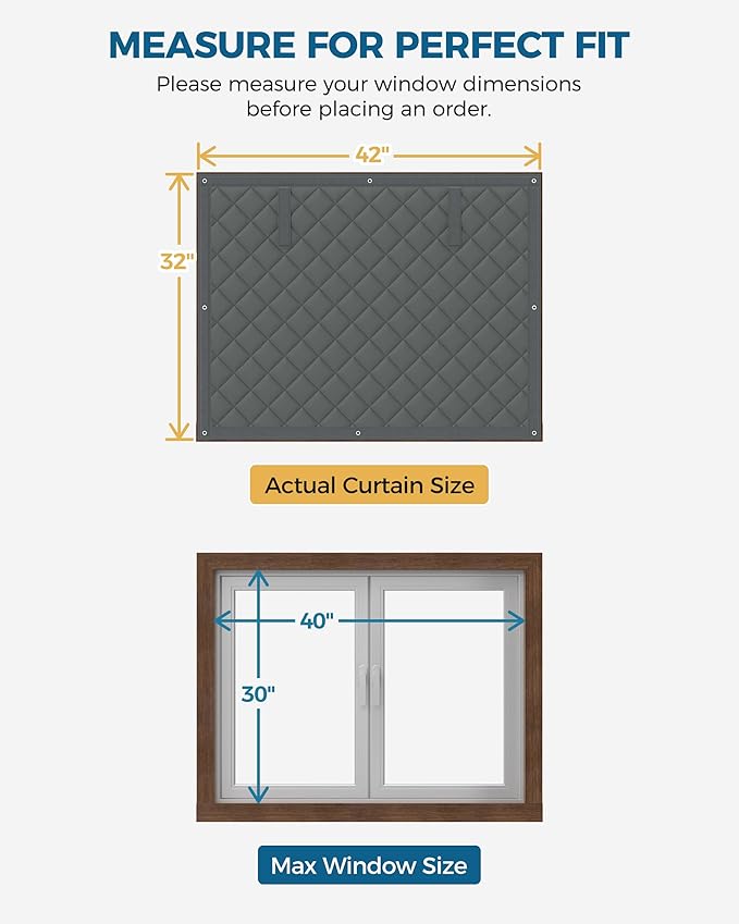 2 Pack Window Insulation for Winter, Curtain Size 42 x 32 Inch, Thermal Insulated Window Cover Kit, Oxford Cloth Thick Cotton Filled, Fits up to 40'' × 30'' Windows, Grey