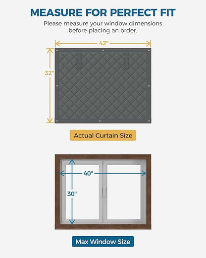 2 Pack Window Insulation for Winter, Curtain Size 42 x 32 Inch, Thermal Insulated Window Cover Kit, Oxford Cloth Thick Cotton Filled, Fits up to 40'' × 30'' Windows, Grey