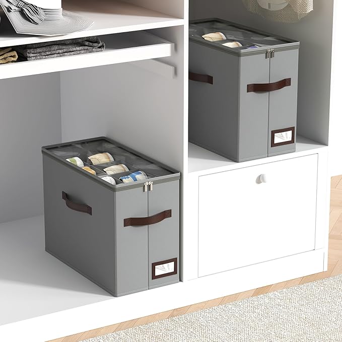 OIAHOMY 2 Pack Shoe Organizer for Closet, Foldable Shoe Storage Bins with Adjustable Dividers, Stackable Oxford Cloth Sneaker Boxes for Entryway Bedroom, Fits Up to 16 Pairs, Grey