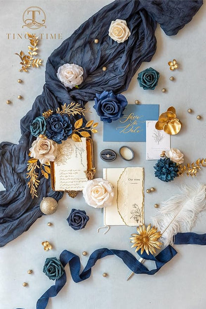 TINGE TIME Roses Artificial Flowers Blue Faux Flowers Bulk for DIY Bridal Wedding Bouquets Baby Shower Centerpiece Table Home Decorations(Navy Blue)