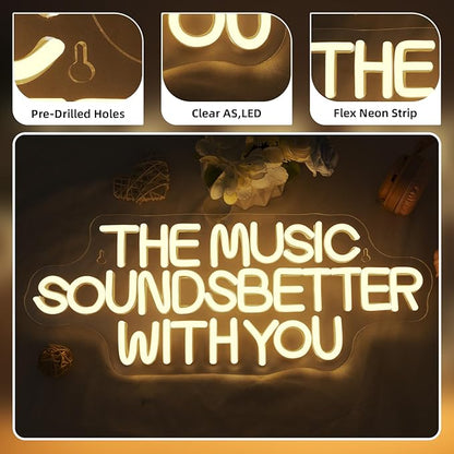 NOSUN White The Music Sounds Better with You Neon Sign Romance Neon Signs for Wall Decor Led Aesthetic Room Decor for Teen Girls Bedroom Salon Party Light
