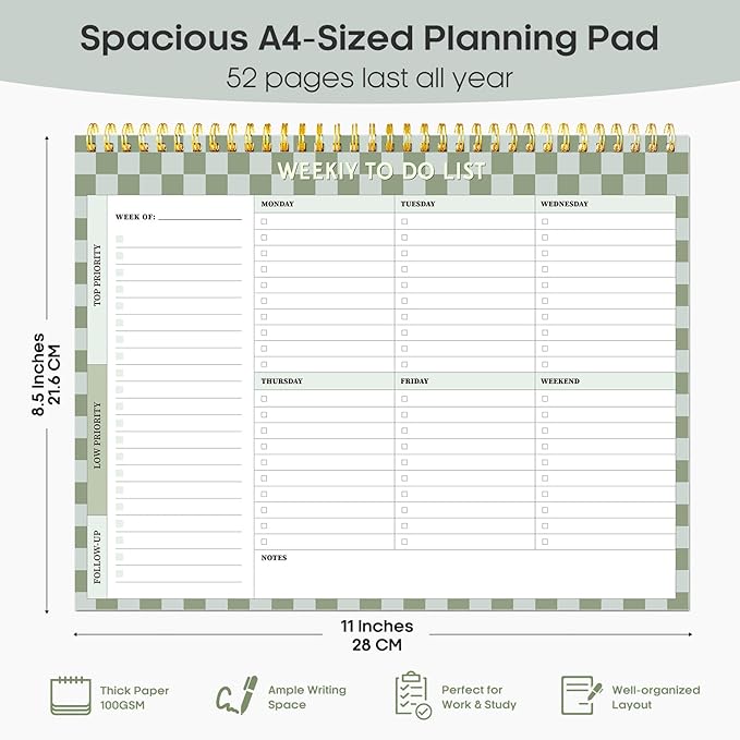 Taja Weekly To Do List Notepad with 52 Undated Sheets（8.5"×11"）- Weekly Desk Planner for Women & Man, Work and Home - 1 Pack Mint Checkered