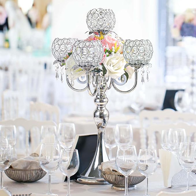 Set of 4 Candlesticks 5 Arm Crystal Strap Pendant Silver Table Decor Candelabra, 22.5 inches Elegant Dining Room Centerpieces for Holiday Parties Weddings (4, Silver)
