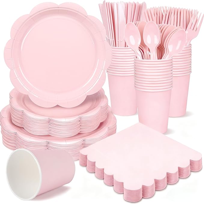 400 Pcs Pink Paper Plates and Napkins Set Party Supplies, Tableware set for 50 Guest include Disposable Pink Scalloped Plates Napkins Knives Forks Spoons Cups for Baby Shower Bridal Shower Wedding