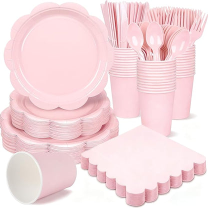 400 Pcs Pink Paper Plates and Napkins Set Party Supplies, Tableware set for 50 Guest include Disposable Pink Scalloped Plates Napkins Knives Forks Spoons Cups for Baby Shower Bridal Shower Wedding