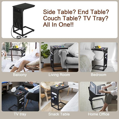 AMHANCIBLE C Shaped End Table with Charging Station, TV Tray Set of 2, Couch Tables with Storage Bag, Slide Under Sofa Side Table with USB Ports and Outlets for Living Room, Black, HET04CBK