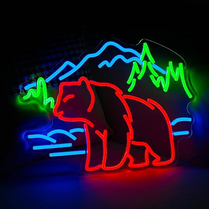 Bear Neon Sign for Wall Decor Dimmable Mountain LED Neon Light Bear Mountains Neon Light Signs Powered by USB for Living Room Hotel Zoo Neon Decor(16.5”*12.6”)