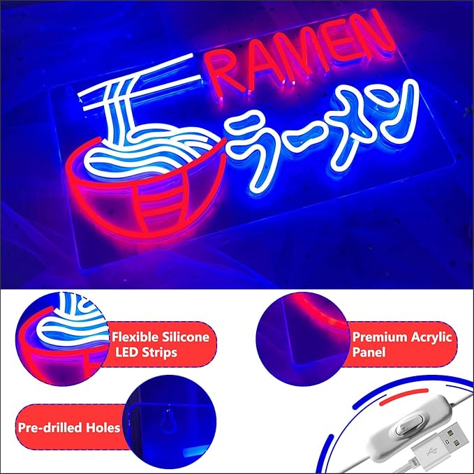 Ramen Neon Sign Japanese Noodles Neon Light for Wall Decor Dimmable LED Ramen Light Up Signs USB Powered Food Shop Neon Signs for Restaurant Store Kitchen Home Bar Dinning Room Christmas