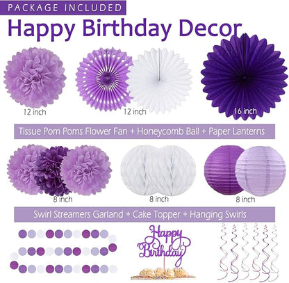 Purple Birthday Decorations for Women Girls,Happy Banner,Lilac Paper Lanterns Tissue Pom Poms Flower Fan,Purple White Balloon Décor For 40th 50th Anniversary Princess Backdrop Party Supplies