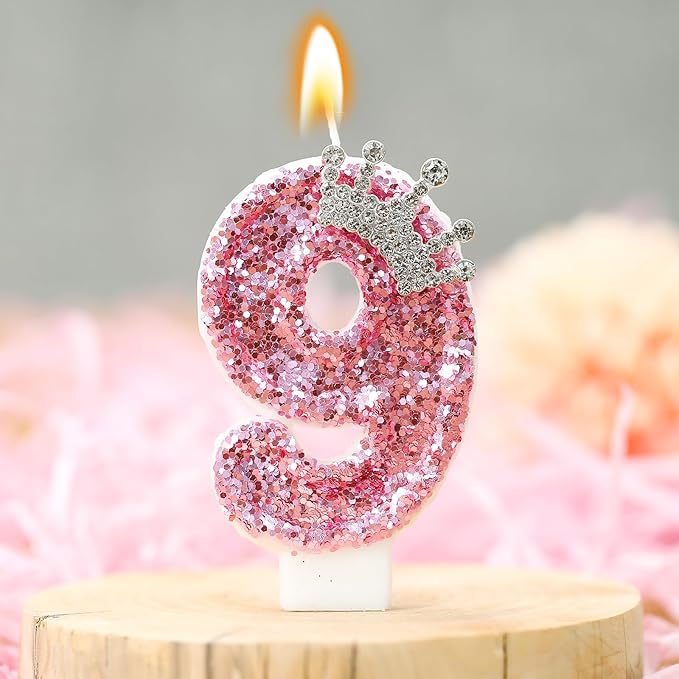 Birthday Number Candles,Pink Crown Birthday Candles for Cake,Glitter Number 9 Candle Cake Topper with Sequins for Girls,Women, Anniversary Celebrations Supplies (Pink 9)