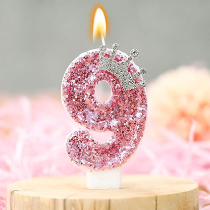 Birthday Number Candles,Pink Crown Birthday Candles for Cake,Glitter Number 9 Candle Cake Topper with Sequins for Girls,Women, Anniversary Celebrations Supplies (Pink 9)