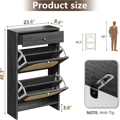 Nicetree Shoe Cabinet for Entryway, Slim Shoe Rack with 2 Flip Drawers and Top Storage Drawer, Narrow Shoe Organizer with Arched Rattan Accent, Entryway Shoe Storage for Size 12 Shoes, Black