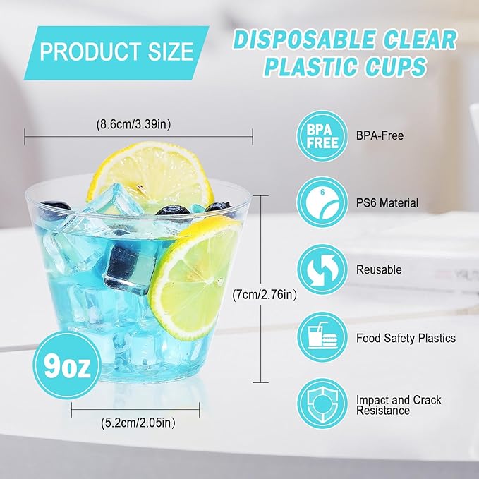 100 Pack 9 oz Clear Plastic Cups, Plastic Wine Cups for Cocktail Party, Polystyrene Hard Cup with Higher Heat Resistance(9oz 100count)