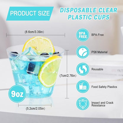 100 Pack 9 oz Clear Plastic Cups, Plastic Wine Cups for Cocktail Party, Polystyrene Hard Cup with Higher Heat Resistance(9oz 100count)