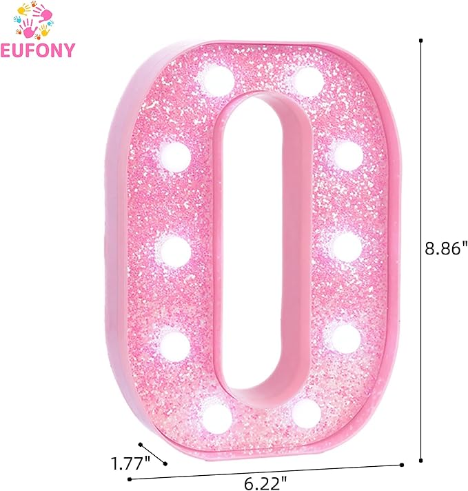 Pink LED Marquee Light Up Letters, Glitter Alphabet Letter Lights for Birthday Party Decorations, Battery Operated Letter Signs for Girls Room Table Decor, Pink letter O with Cool White Lights
