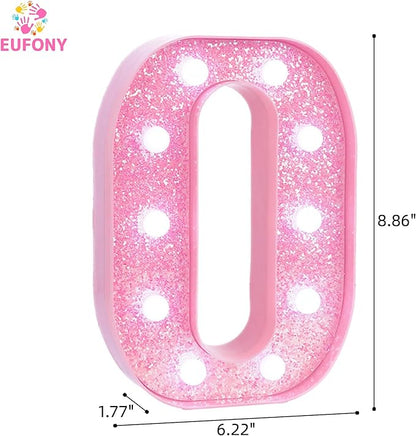 Pink LED Marquee Light Up Letters, Glitter Alphabet Letter Lights for Birthday Party Decorations, Battery Operated Letter Signs for Girls Room Table Decor, Pink letter O with Cool White Lights